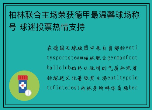柏林联合主场荣获德甲最温馨球场称号 球迷投票热情支持